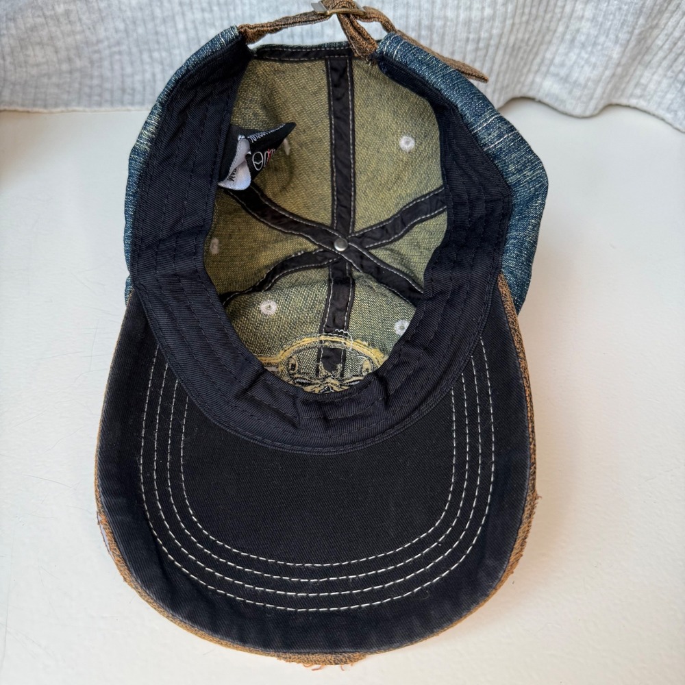 Kbethos Denim Hat Distressed Skull Winged Patch Blue Brown Faux Leather Mens Cap - Picture 6 of 7